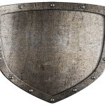 Old metal medieval shield. Crest pattern.