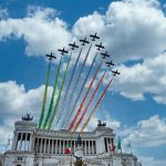 Italian National Republic day Air show aerobatic team frecce tricolore flying over altare della patria in Rome, Italy