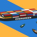 Vector illustration concept of Maritime traffic jam. Container cargo ship run aground and stuck in Suez Canal, Suez Canal blockage.